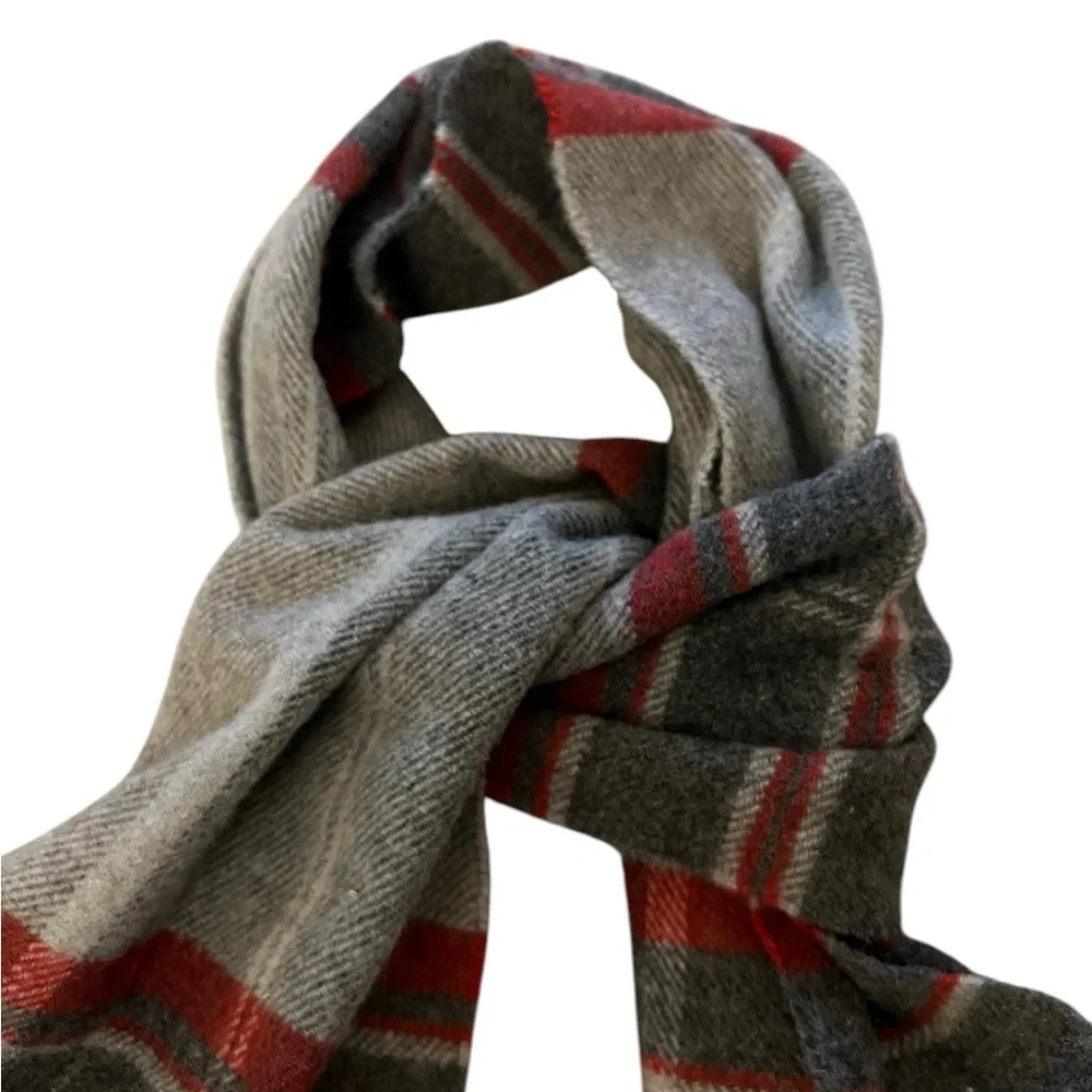 ITALIAN WOOLLEN TREASURES wool scarf, red & gray plaid with fringe, Italy